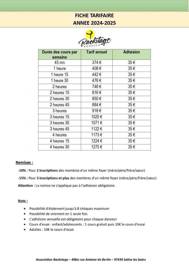 Fiche tarifaire 2024 2025